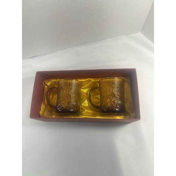 RARE Vintage Amber Rose Glass Mugs Set 2 Indonesia Pasari Liva GB-1199 Gift Box - Picture 8 of 16